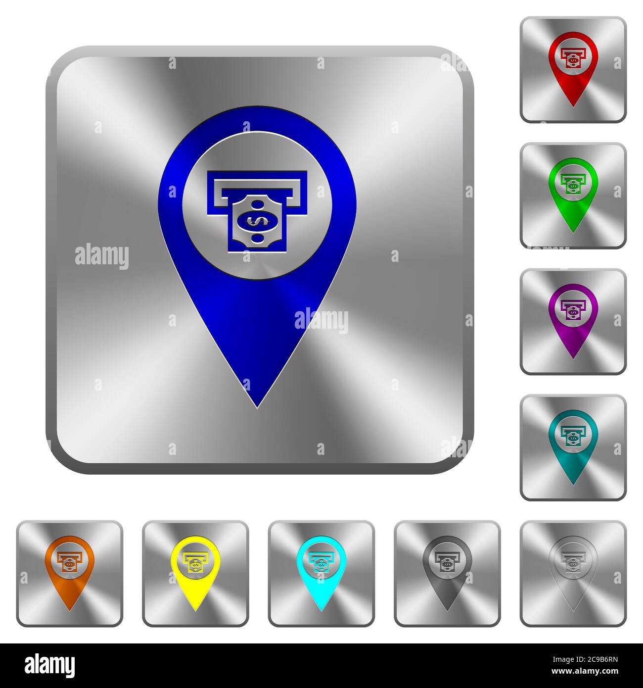 Bank ATM GPS map location engraved icons on rounded square glossy steel buttons Stock Vector