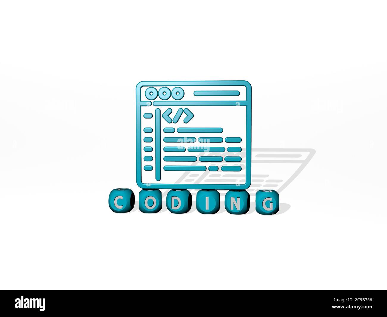 3D representation of CODING with icon on the wall and text arranged by metallic cubic letters on a mirror floor for concept meaning and slideshow presentation. illustration and code Stock Photo