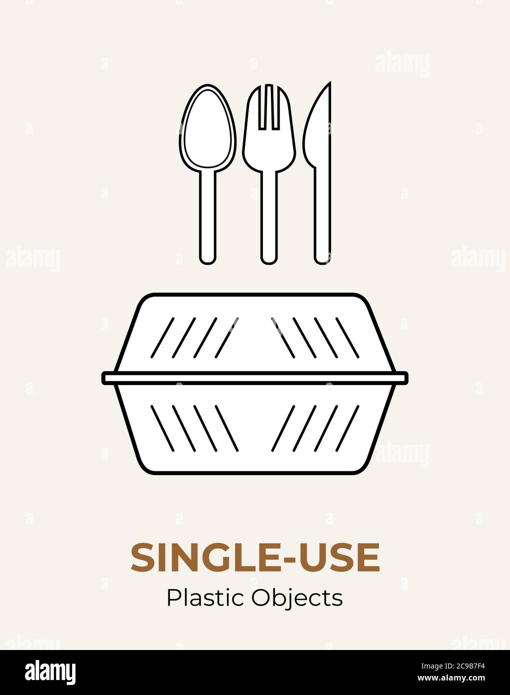 Plastic food container, spoon, fork, knife. Singleuse white plastic cutlery vector illustration