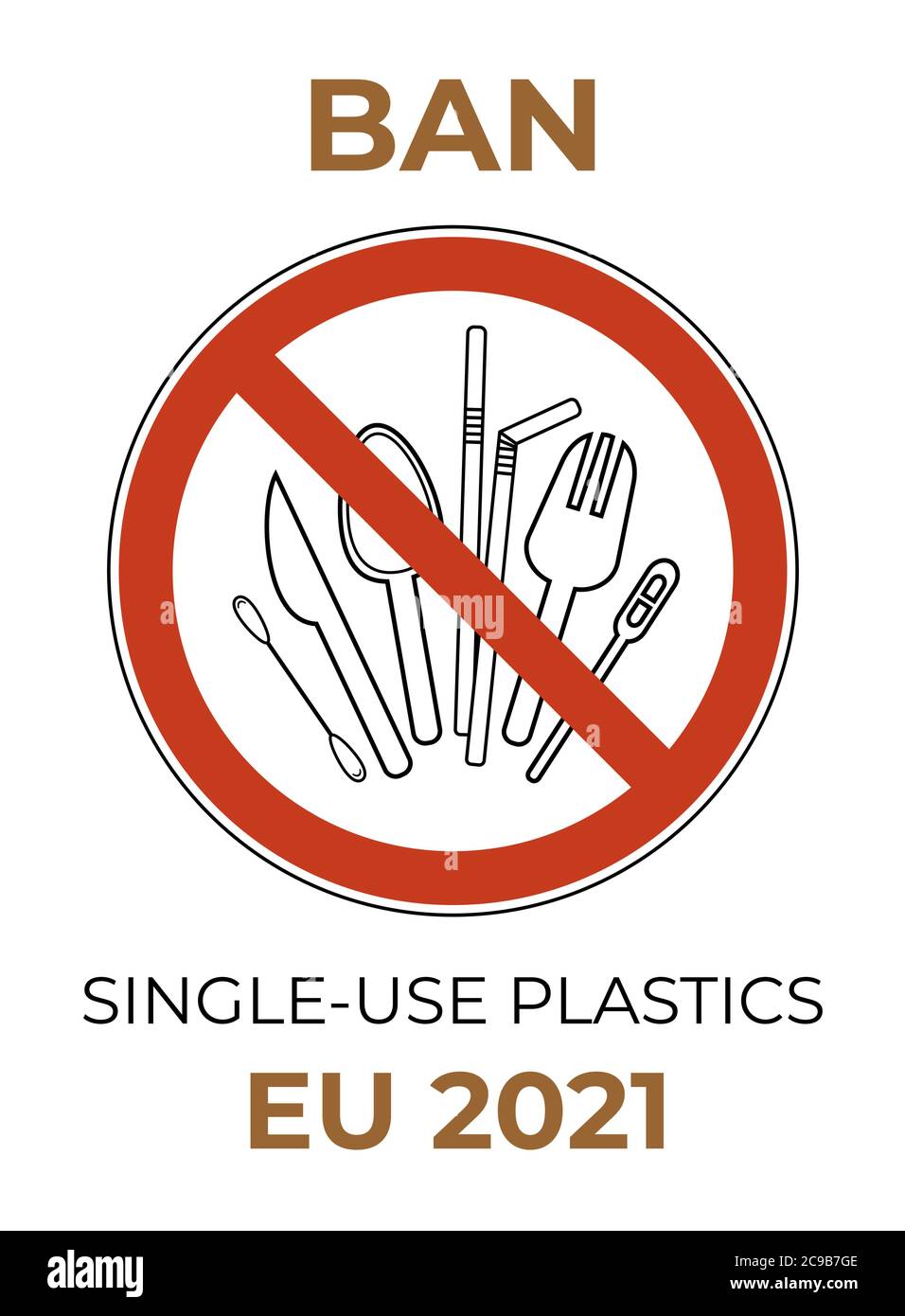 Prohibition sign spoon, fork, knife, stirrer, straws, cotton bud. Single-use plastic cutlery. Ban plastic set. Stock Vector