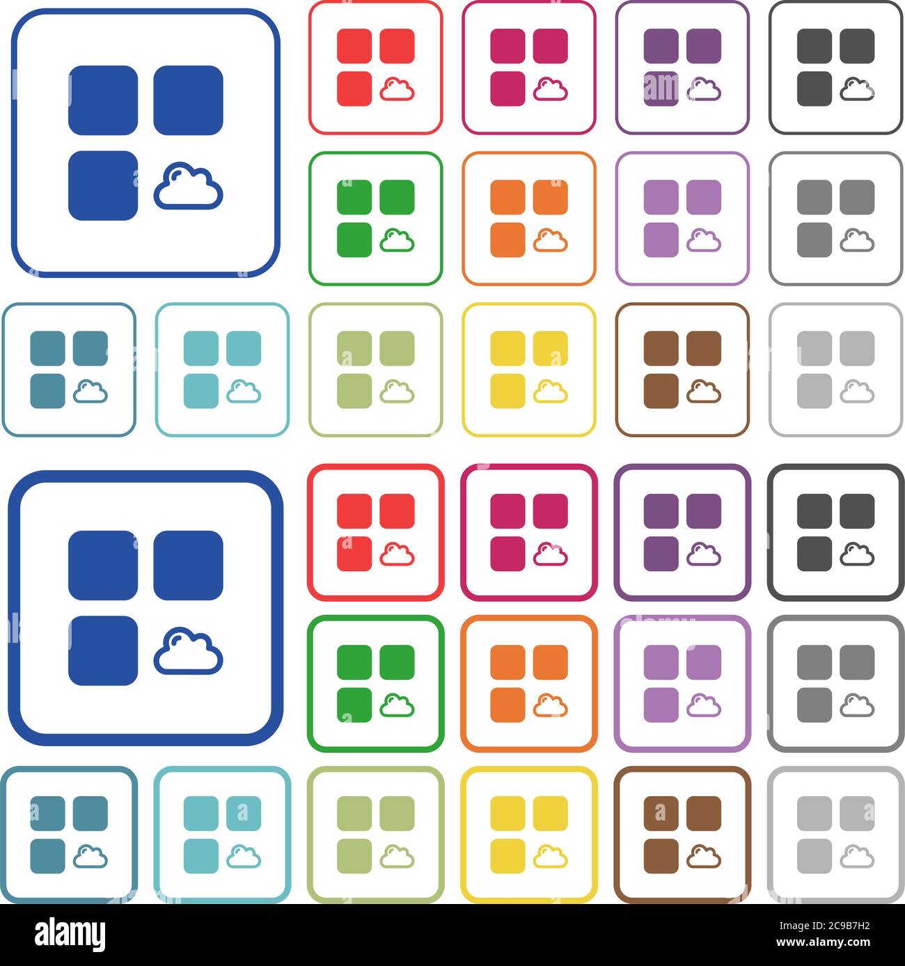 Cloud component color flat icons in rounded square frames. Thin and thick versions included. Stock Vector