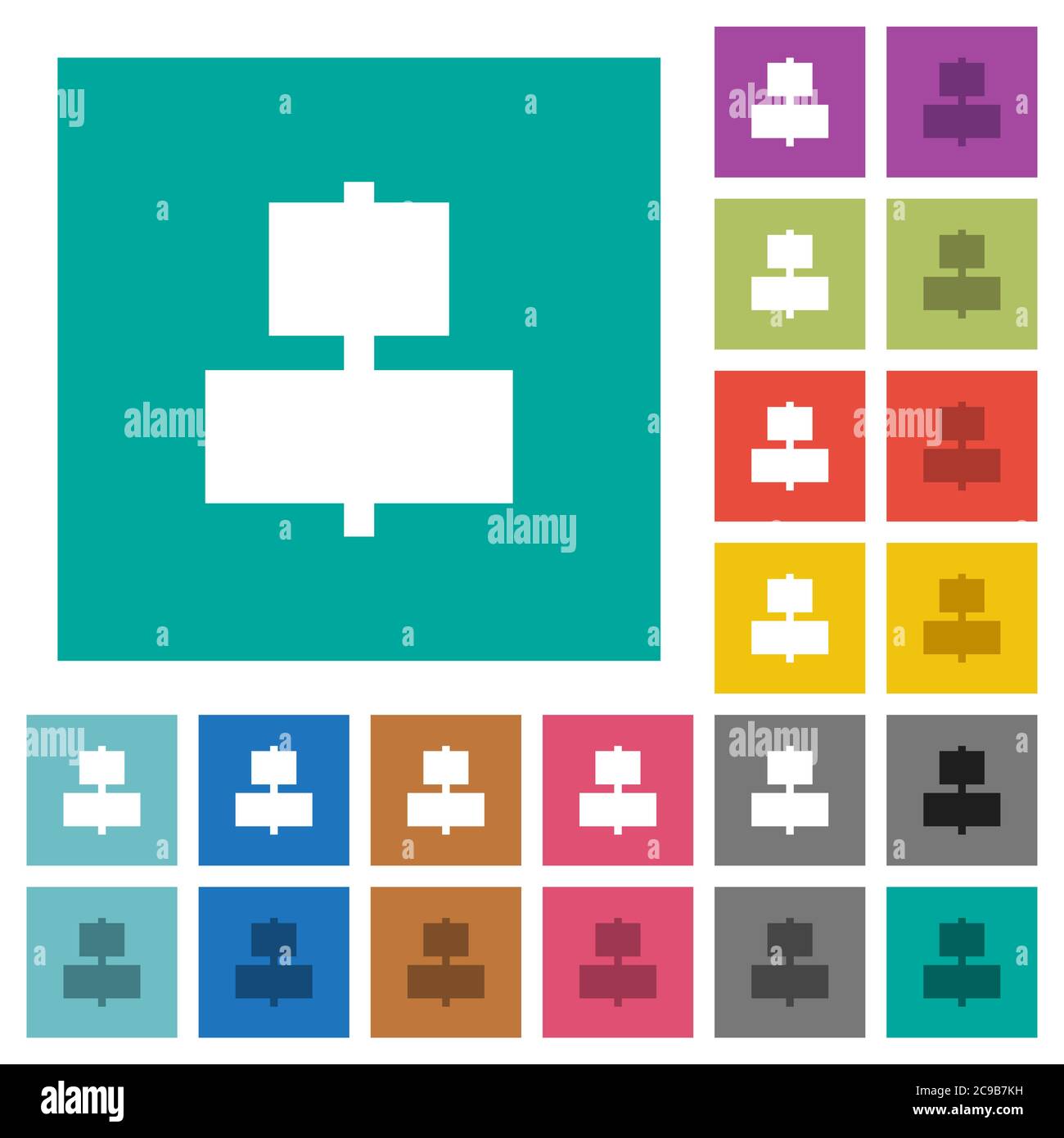 Align to center multi colored flat icons on plain square backgrounds. Included white and darker icon variations for hover or active effects. Stock Vector