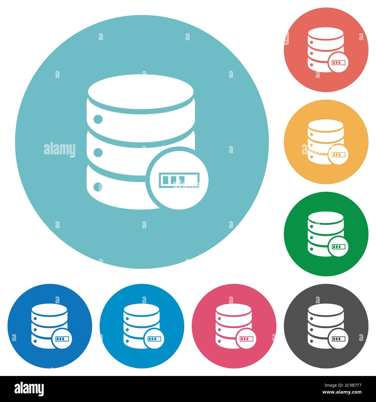 Database processing flat white icons on round color backgrounds Stock Vector