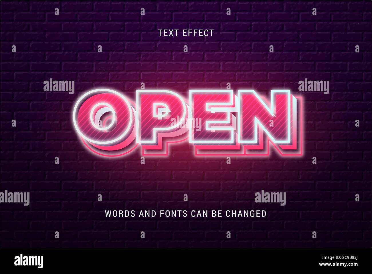 Neon text effect 100% editable isolated on brick background vector image Stock Vector
