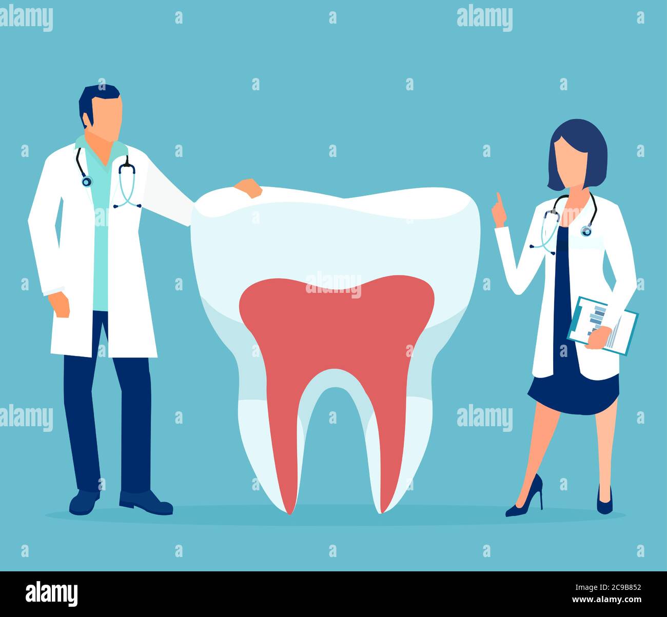 Vector of two doctor dentist standing by a healthy tooth Stock Vector