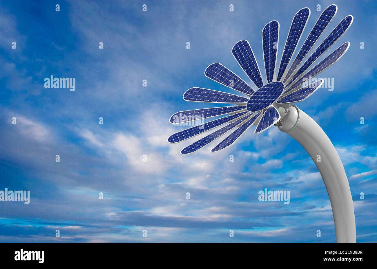 Close-up to a blue colored flower shaped solar panel with petals and long white stem with blue sky background. 3D Illustration Stock Photo