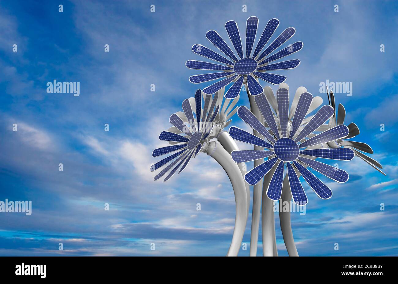 Group of 5 blue flower shaped solar panels with petals and long white stem  with blue sky background. 3D Illustration Stock Photo - Alamy