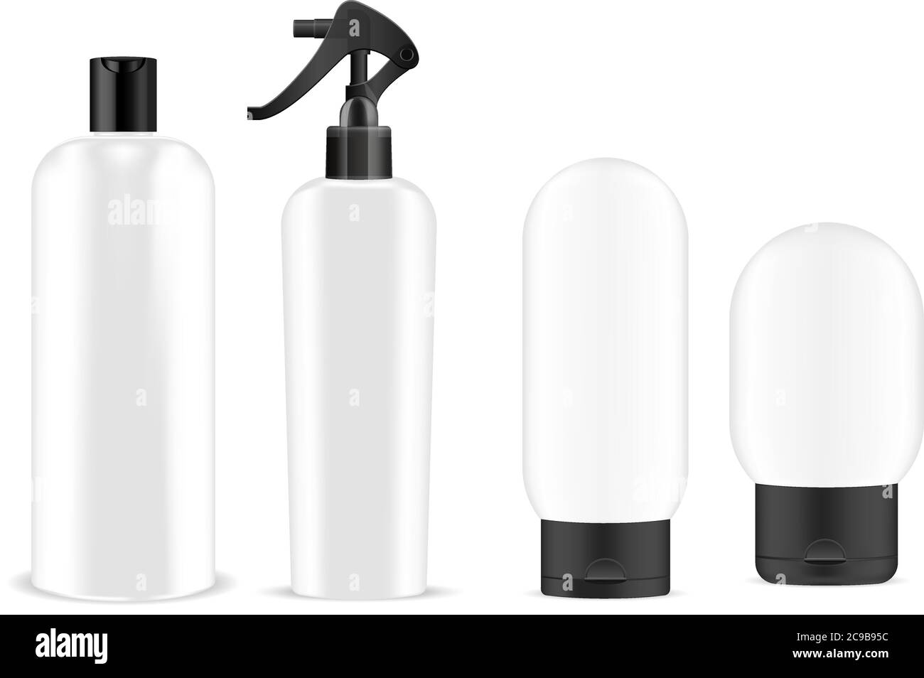 Big White Cosmetics Sprayer And Shampoo Bottles Mockup Set Black Pump Dispenser And Lid