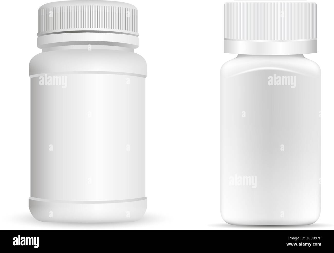 Pills bottles. White round and square medical container for drugs, diet, nutritional supplements. Vector illustration isolated on white background. Stock Vector