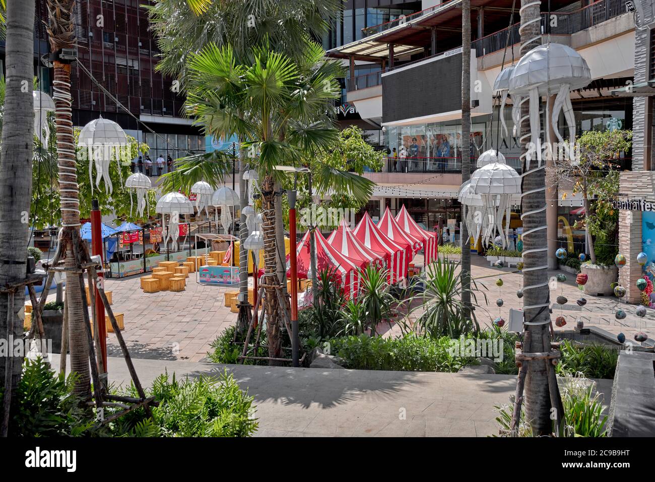 Outdoor market with colourful lanterns and tents. Central Festival Mall, Pattaya Thailand Southeast Asia Stock Photo