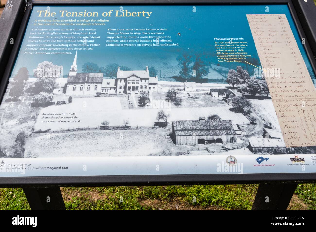 Maryland Jesuit History.  Slave History Plaque, St. Ignatius Church, Chapel Hill Point, Maryland. Stock Photo