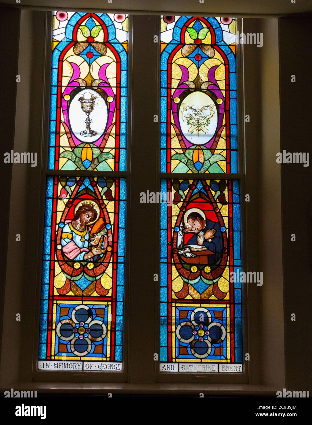 Maryland Jesuit History.  St. Ignatius Church Window, 1893, in Memory of George and Catherine Brent. Chapel Hill Point, Maryland. Stock Photo