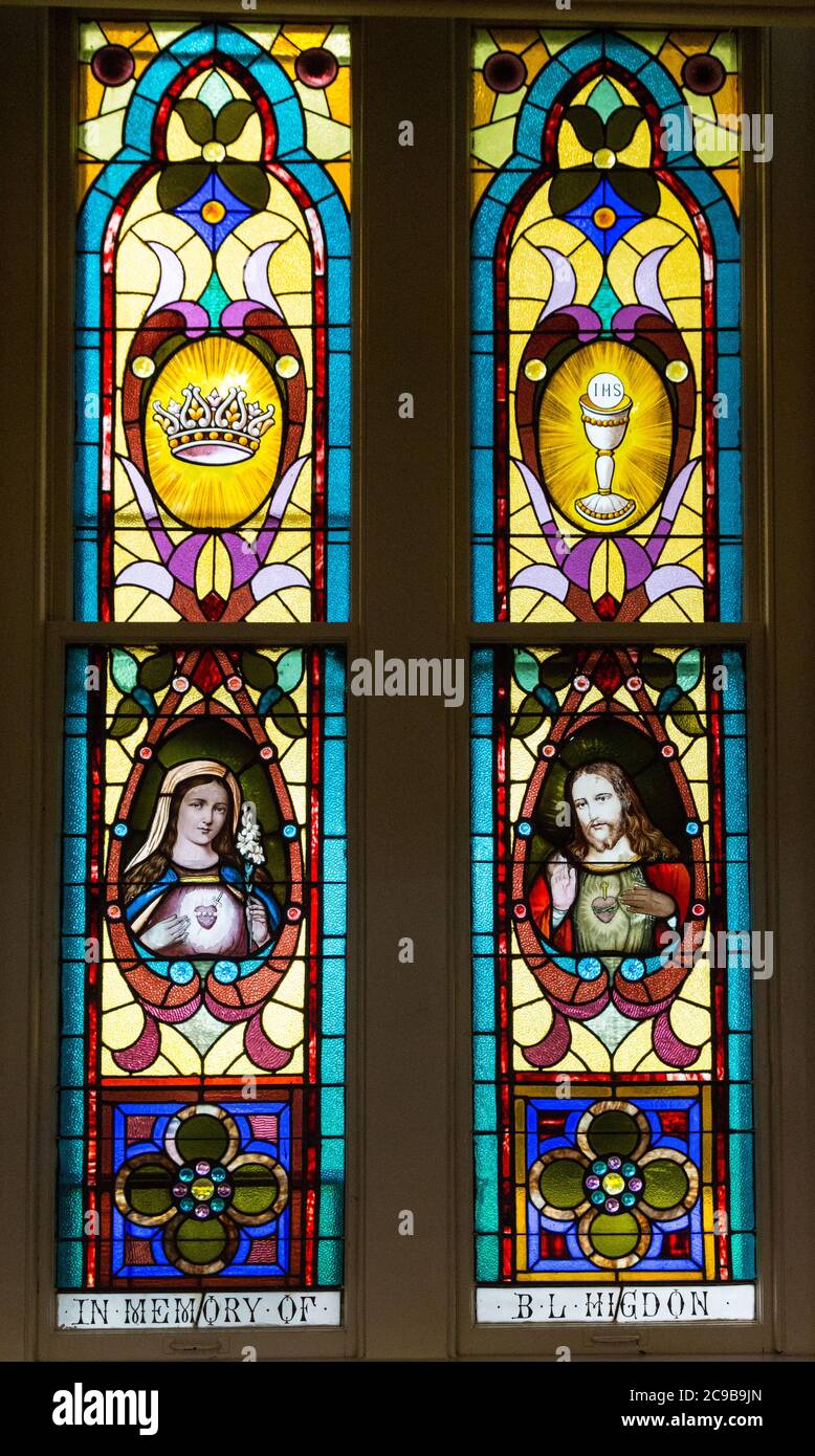 Maryland Jesuit History.  St. Ignatius Church Window, 1893, in Memory of B.L. Higdon. Chapel Hill Point, Maryland. Stock Photo