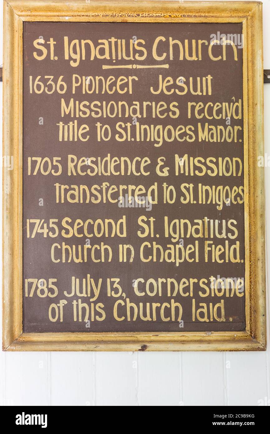 Maryland Jesuit History.  Plaque inside St. Inigoes, Oldest Catholic Parish in English-speaking North America, from 1640s. Building dates from 1785-87 Stock Photo