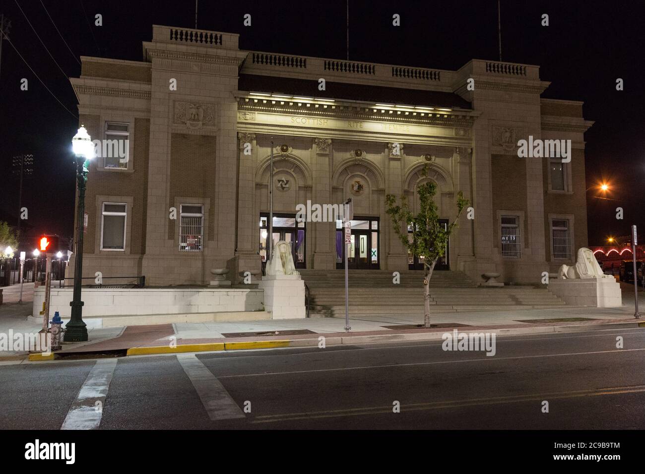 El Paso, Texas. Night View of Scottish Rite Building, Meeting Place of Freemasonry Members. Stock Photo