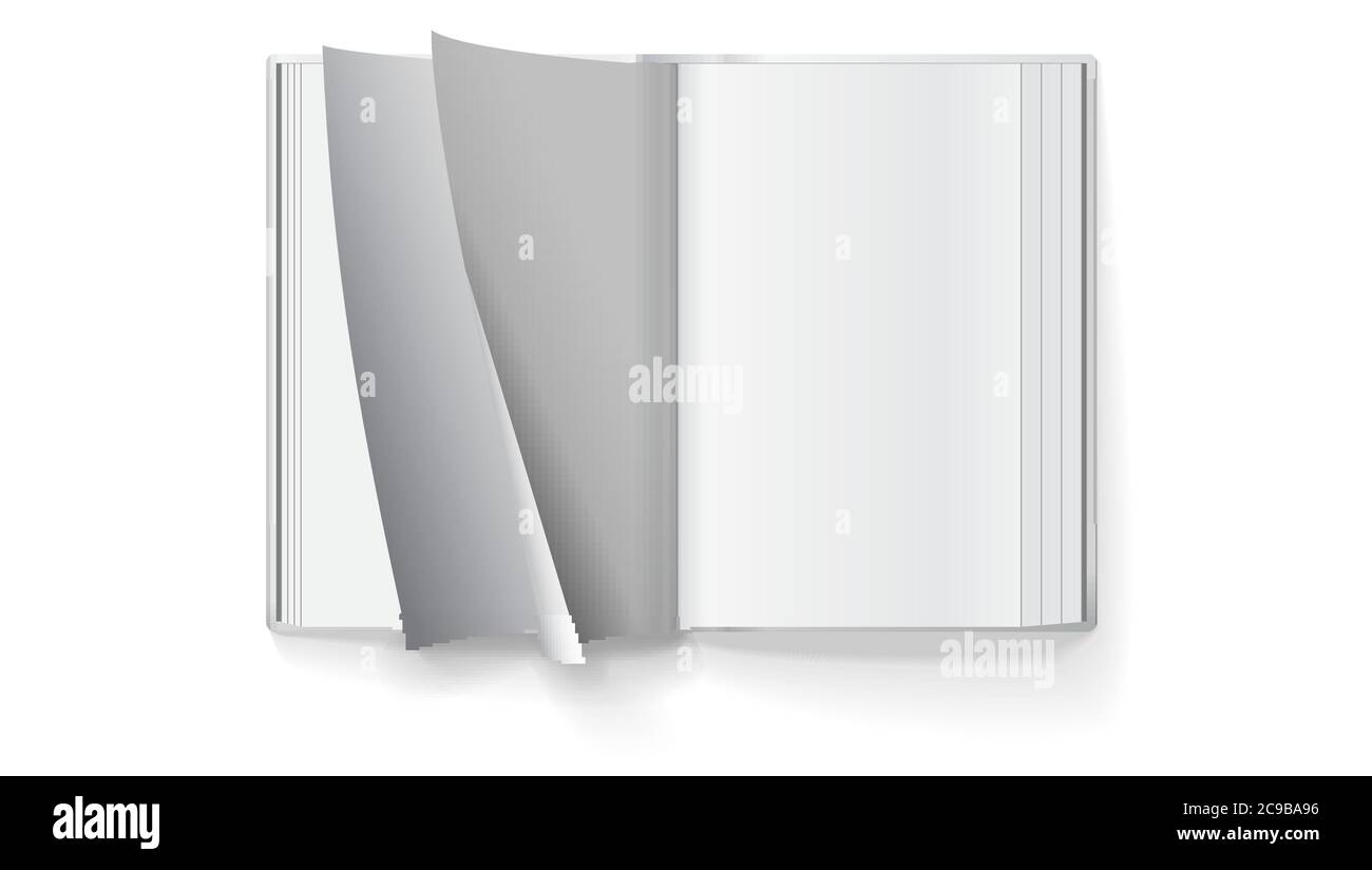 Open book with curled pages. Top-down view. Blank template, mock-up Stock Vector