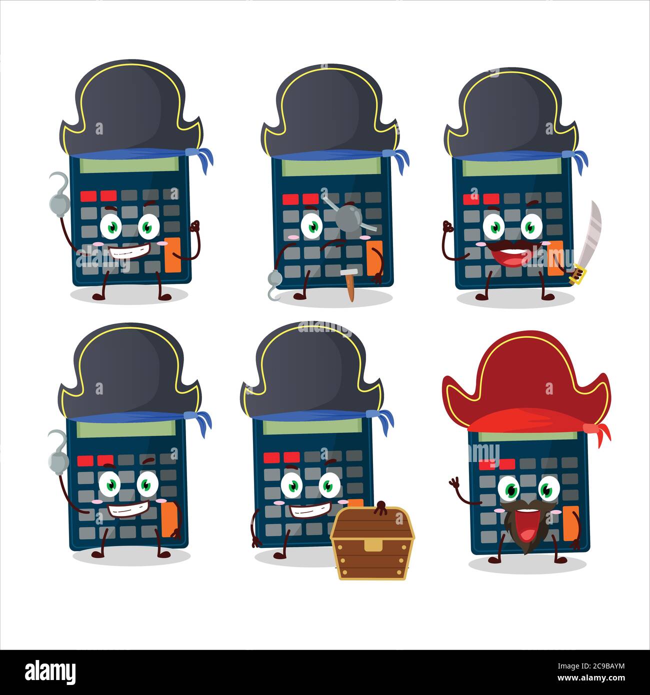 Cartoon character of calculator with various pirates emoticons