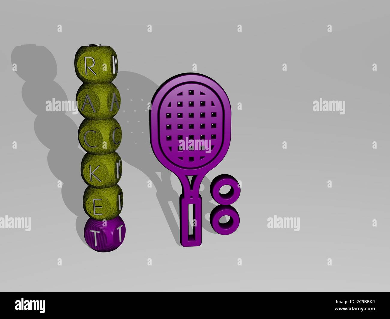 3D graphical image of racket vertically along with text built around ...