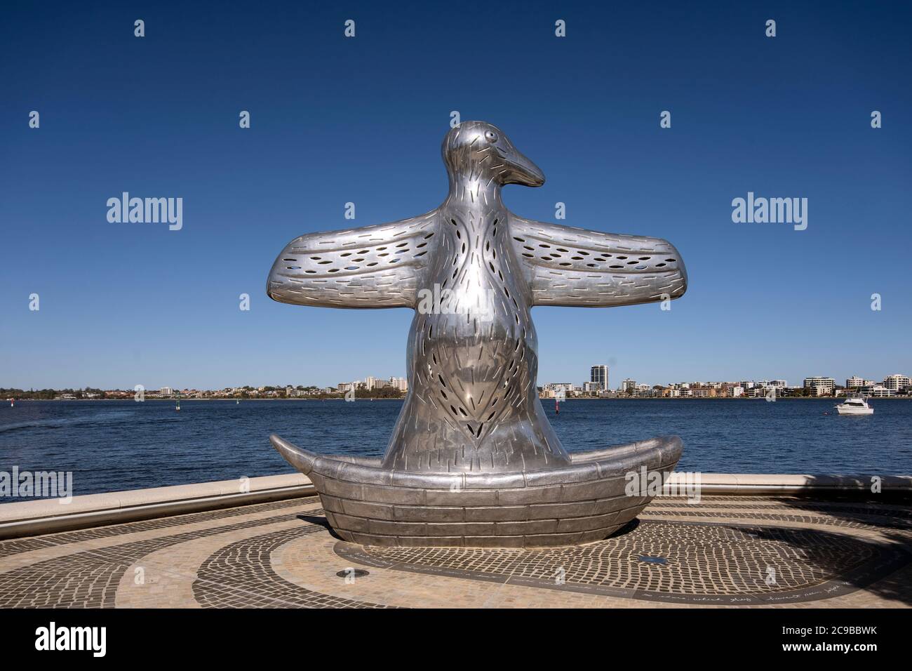 Perth, Western Australia - Jun, 2020: First contact sculpture. The artwork depicts the arrival of European settlers to Perth. By Laurel Nannup, 2015. Stock Photo