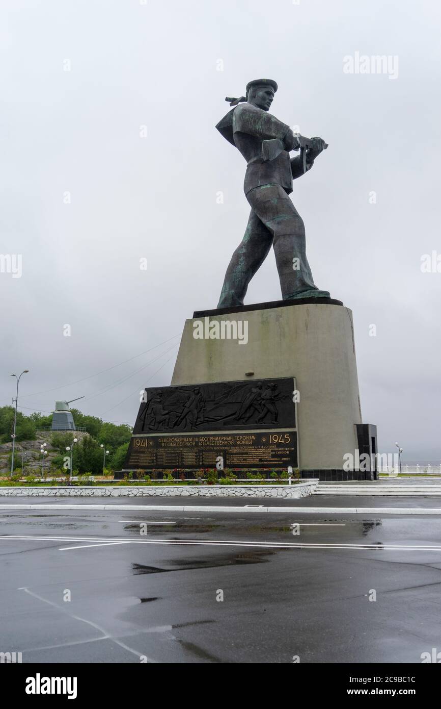 Severomorsk, Russia - August, 2019: The giant monument in honor of the heroes of Severomorsk city, the defenders of the Arctic in the Second World War Stock Photo