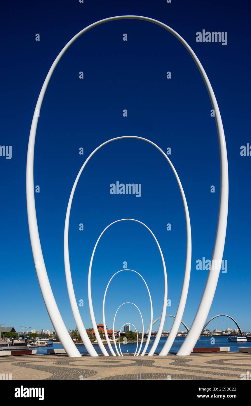 Perth, Western Australia - Jun, 2020: Perth Spanda. The 29m tall design artwork represents ripples and links the Swan River, land and sky. Stock Photo
