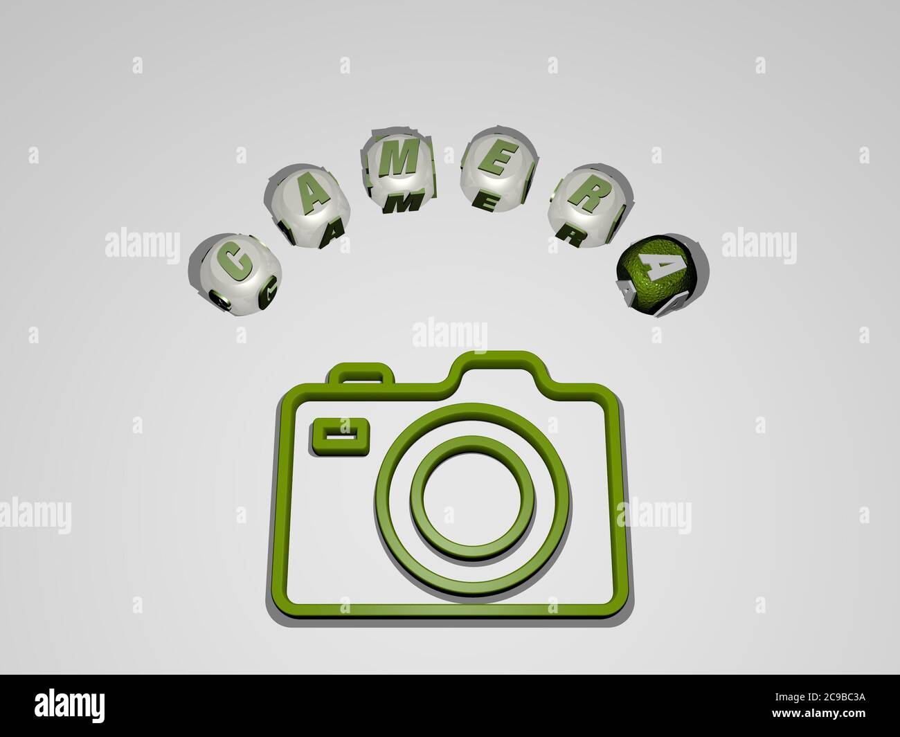 3D graphical image of camera vertically along with text built around ...