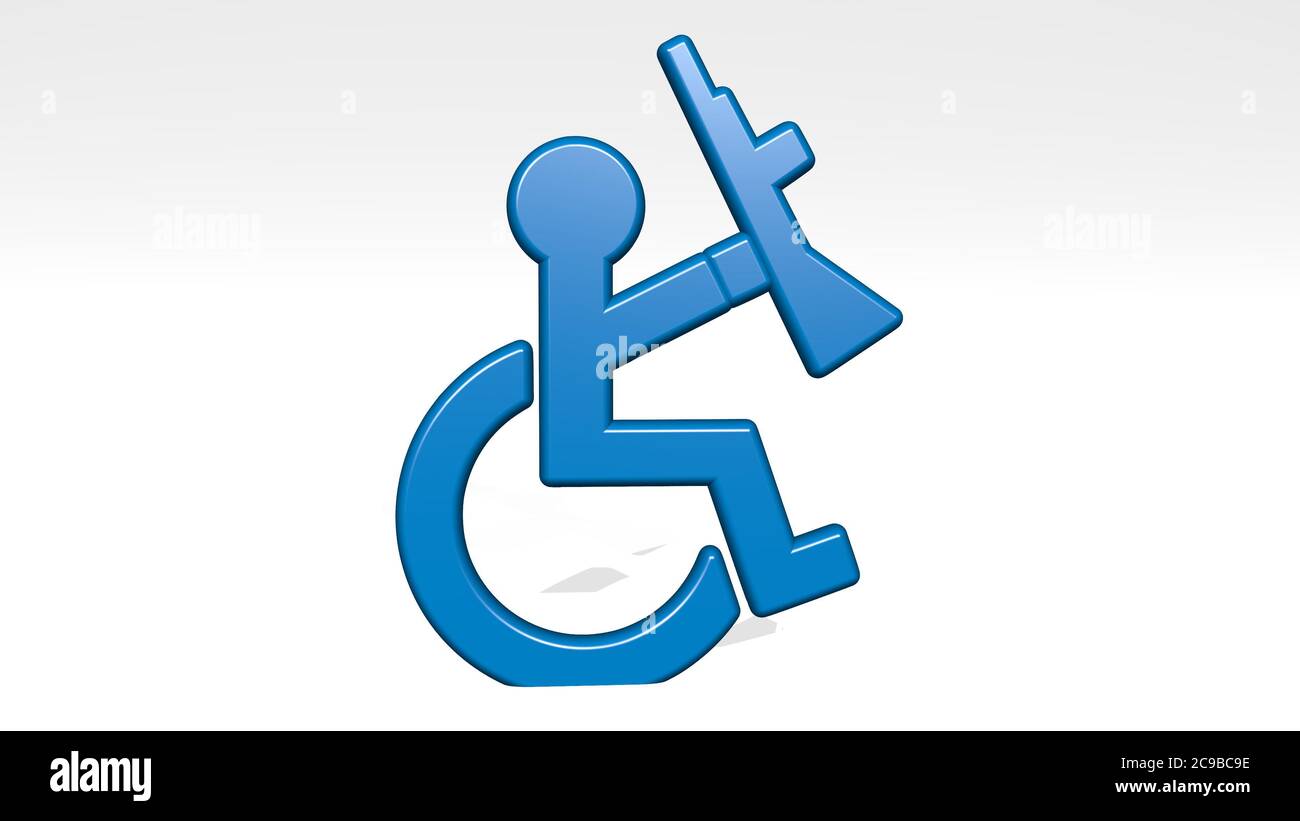 DISABLED MAN WITH GUN stand with shadow. 3D illustration of metallic