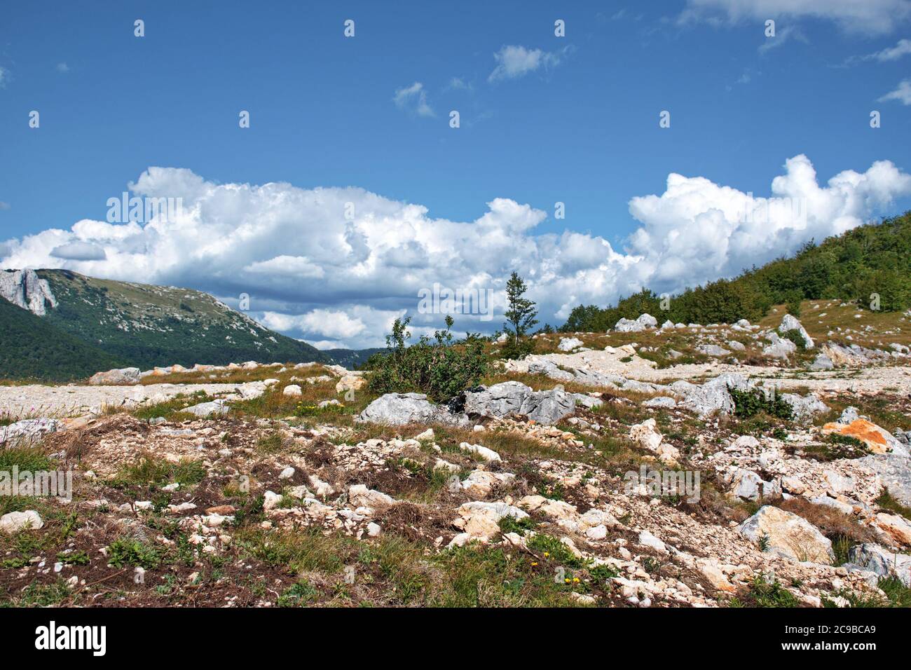 Rocky landscape of Velebit mountain ridge with sky and clouds in background, Croatia Stock Photo