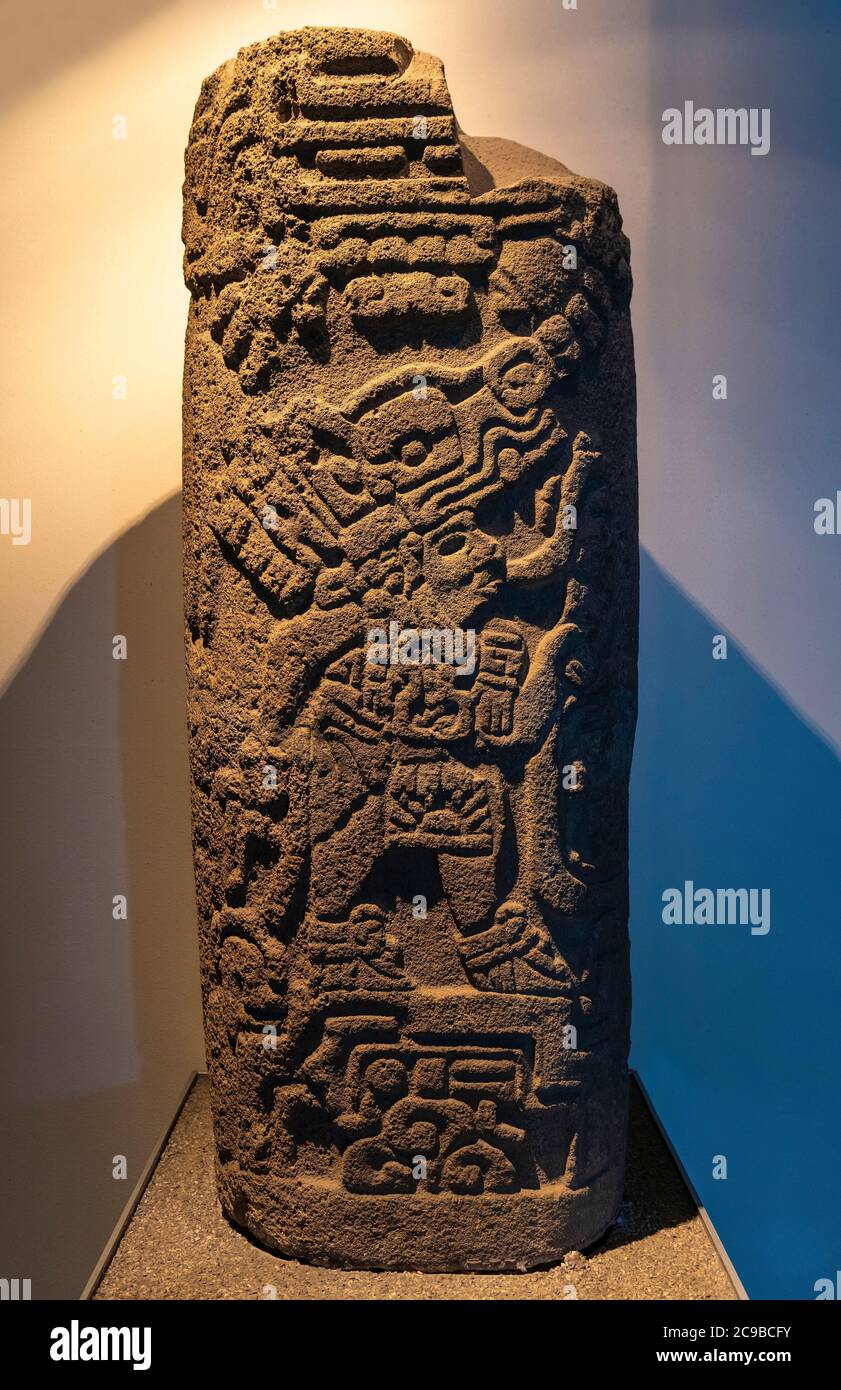Maya stelae with bas relief of the god Quetzalcoatl, the feathered serpent, Mexico City, Mexico. Stock Photo