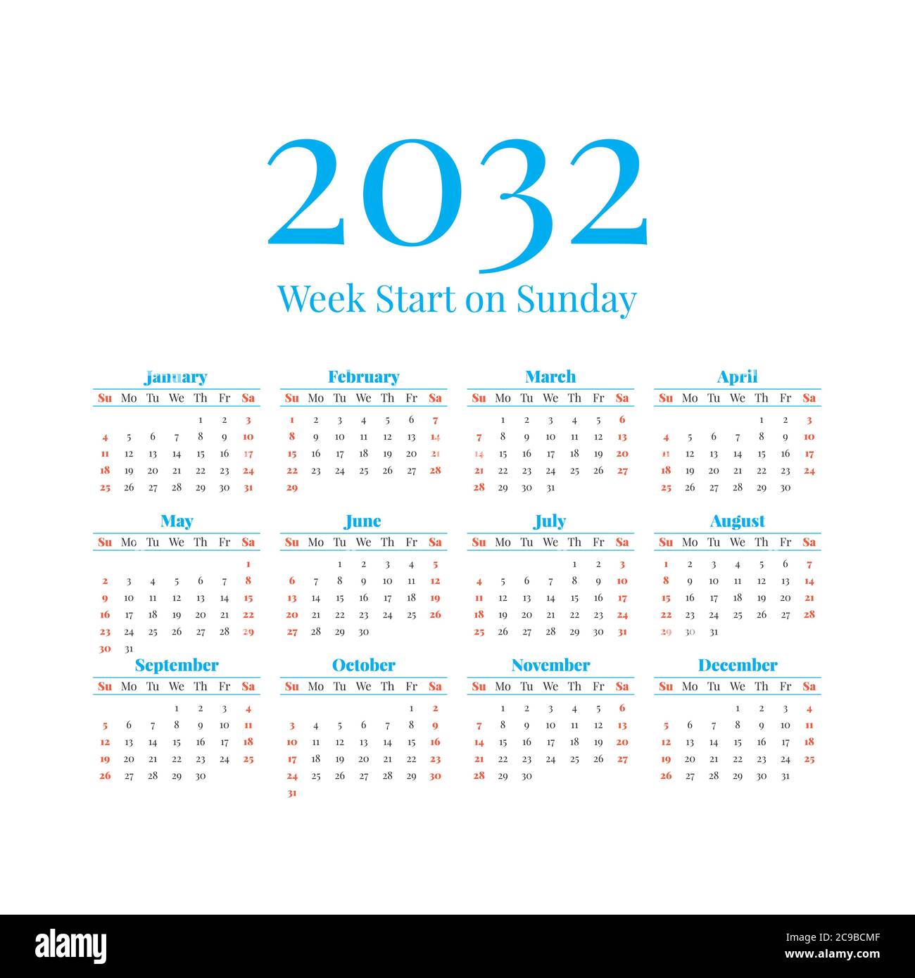 2032-calendar-with-the-weeks-start-on-sunday-stock-vector-image-art