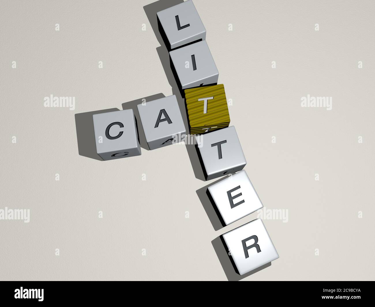 crosswords of cats: cat litter arranged by cubic letters on a mirror floor, concept meaning and presentation. animal and illustration. 3D illustration Stock Photo