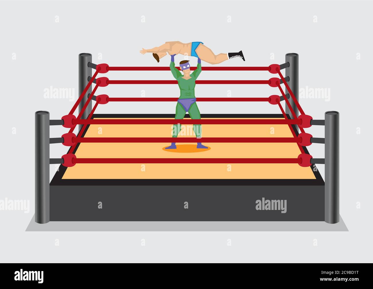 Wrestler in superhero costume lifts up opponent in wrestling ring, Vector cartoon illustration isolated on plain background. Stock Vector