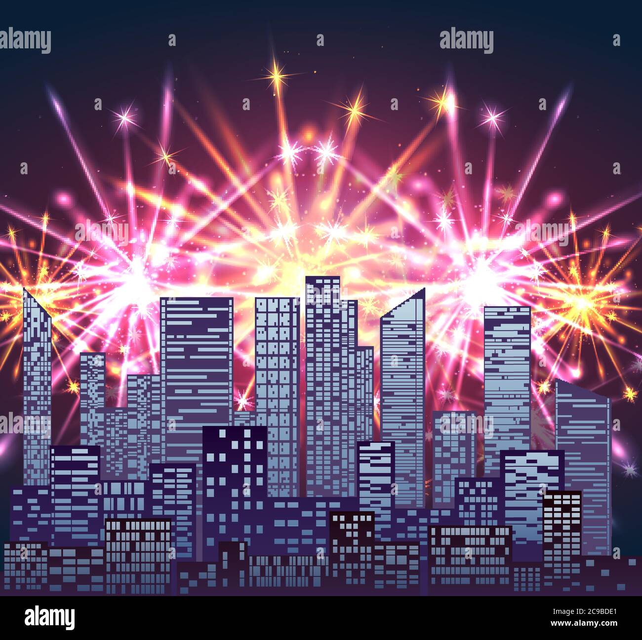 Illustration with city and bright fireworks. Vector element for your creativity Stock Vector