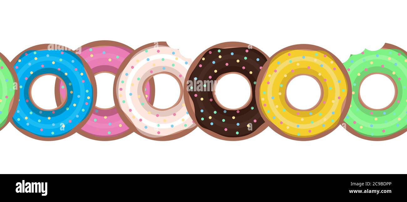 Seamless border with flat donuts in a row. Vector element for your creativity Stock Vector