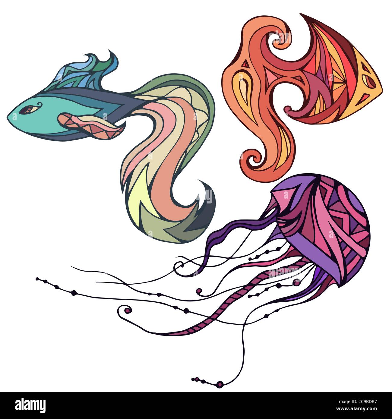 Set of colorful fish and jellyfish, decorated boho pattern. Vector ...