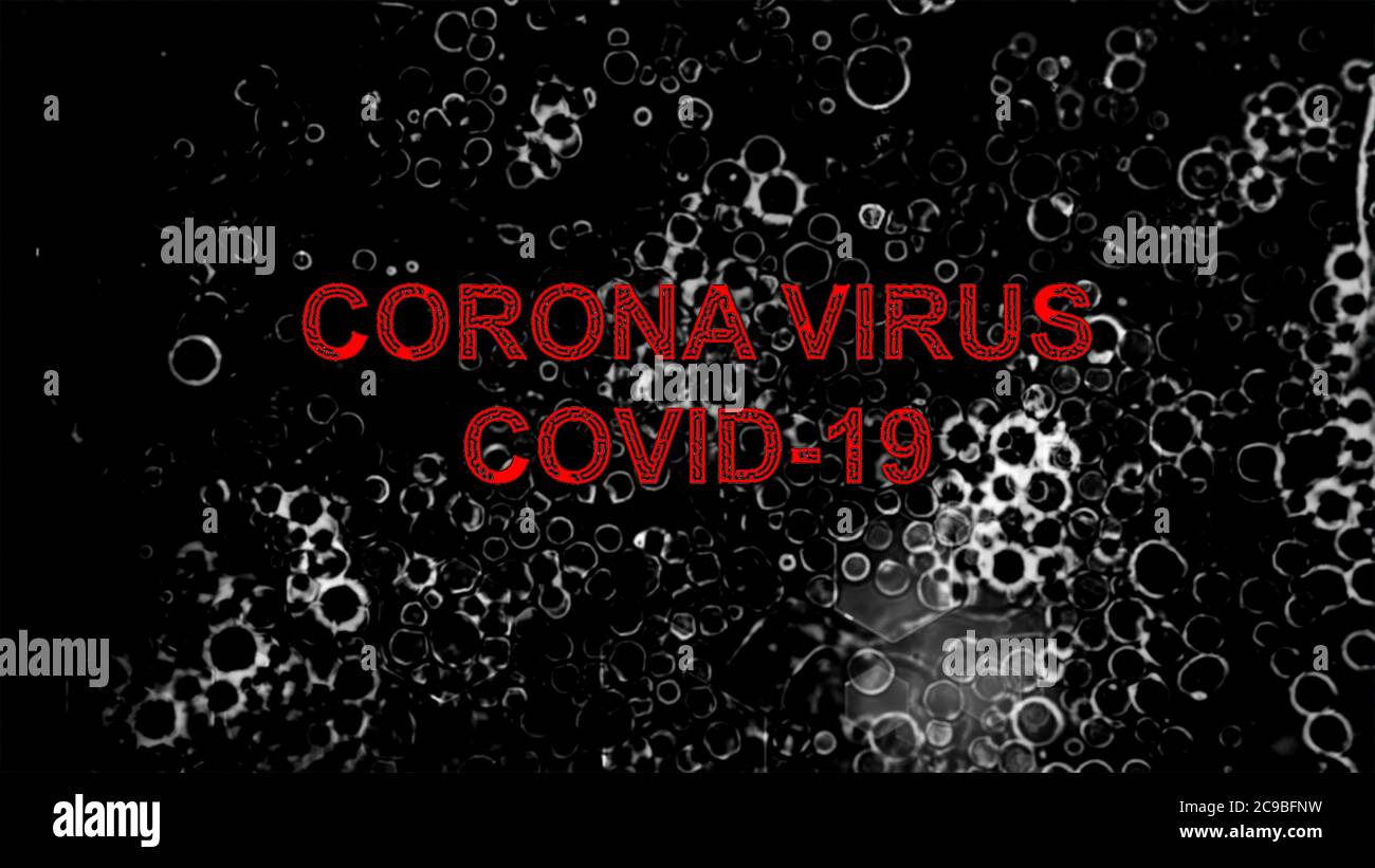 Head title 'Corona Virus' 'Covid-19' words with virus bacteria effect on Dark Grey background. Stock Photo