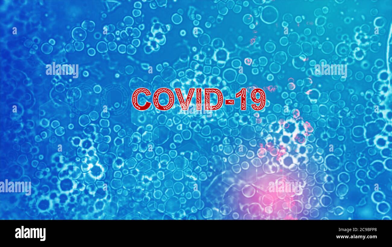 Head title "Corona Virus" "Covid-19" words with virus bacteria effect on Light Blue background. Stock Photo