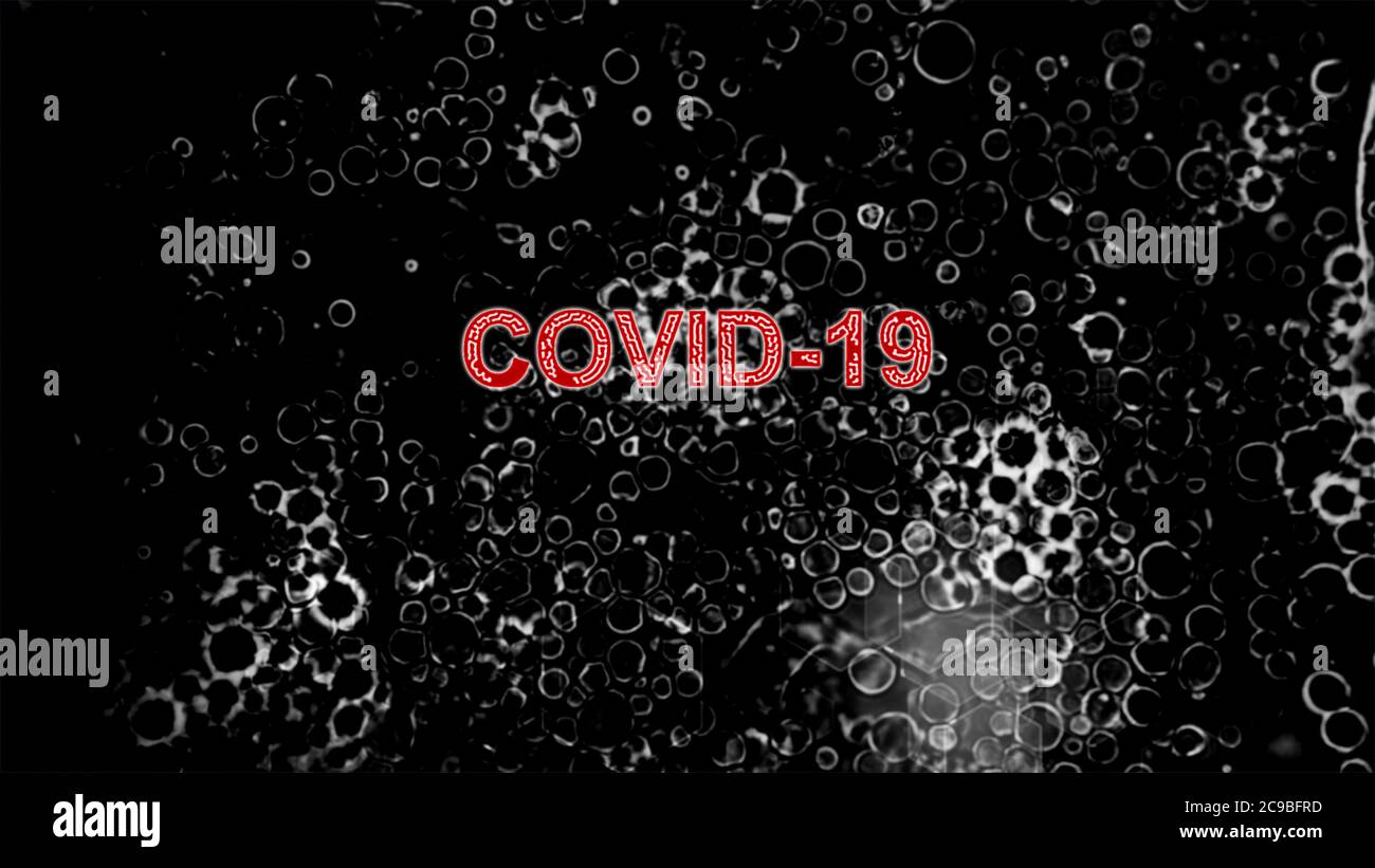 Head title 'Corona Virus' 'Covid-19' words with virus bacteria effect on Dark Grey background. Stock Photo