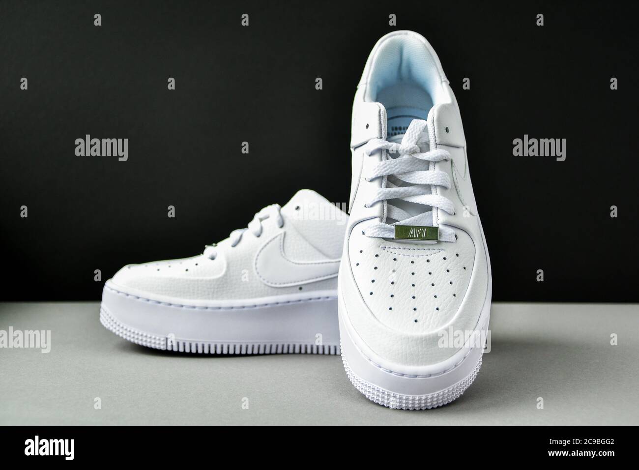 Zhytomyr, Ukraine - June 1, 2020: Nike Air Force 1 Sage white sneakers  product shot on color background. Illustrative editorial photo Stock Photo  - Alamy