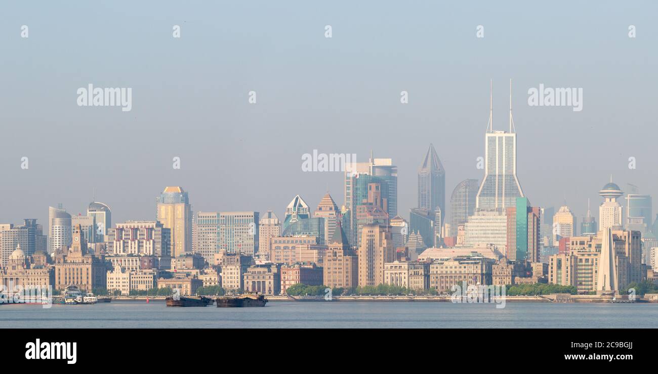 Skyline of Shanghai Puxi with Bund and Huangpu River. High resolution panorama. Stock Photo