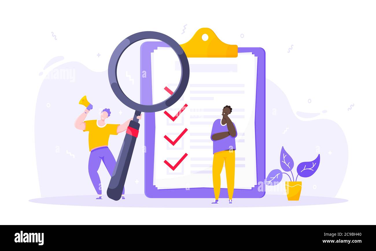 Task done business concept tiny person with megaphone, magnifying glass ...