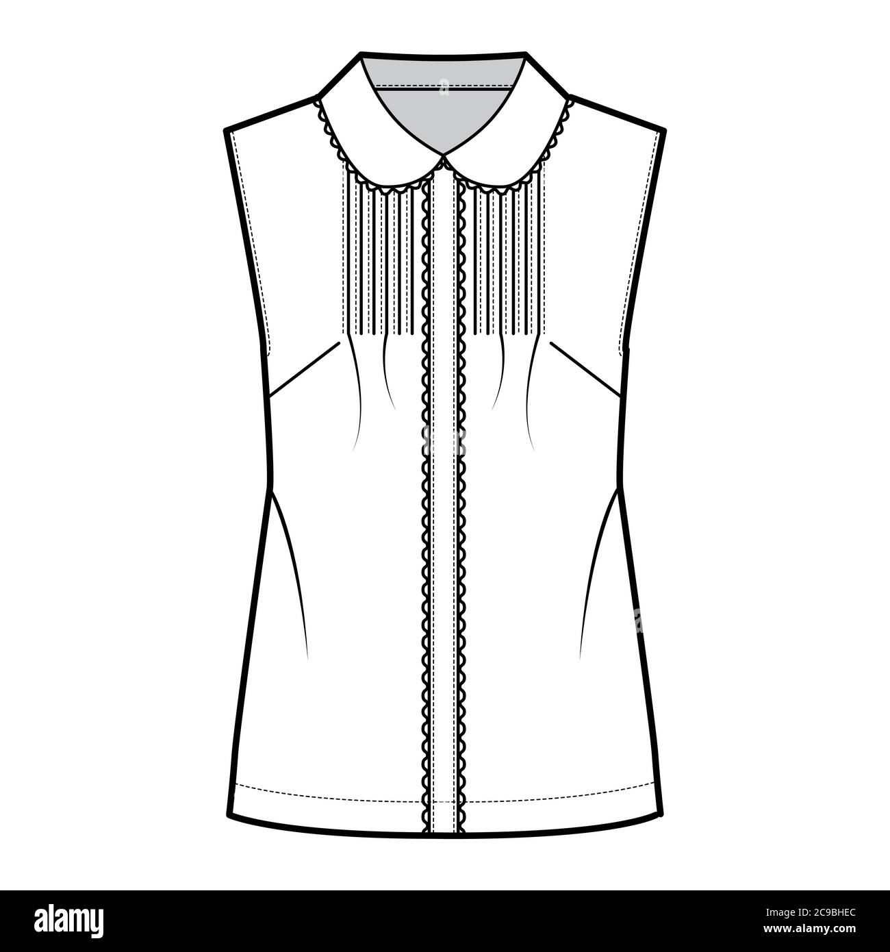 Pintucked blouse technical fashion illustration with round collar, scalloped lace, sleeveless, loose silhouette. Flat shirt apparel template front white color. Women, men unisex top CAD mockup Stock Vector
