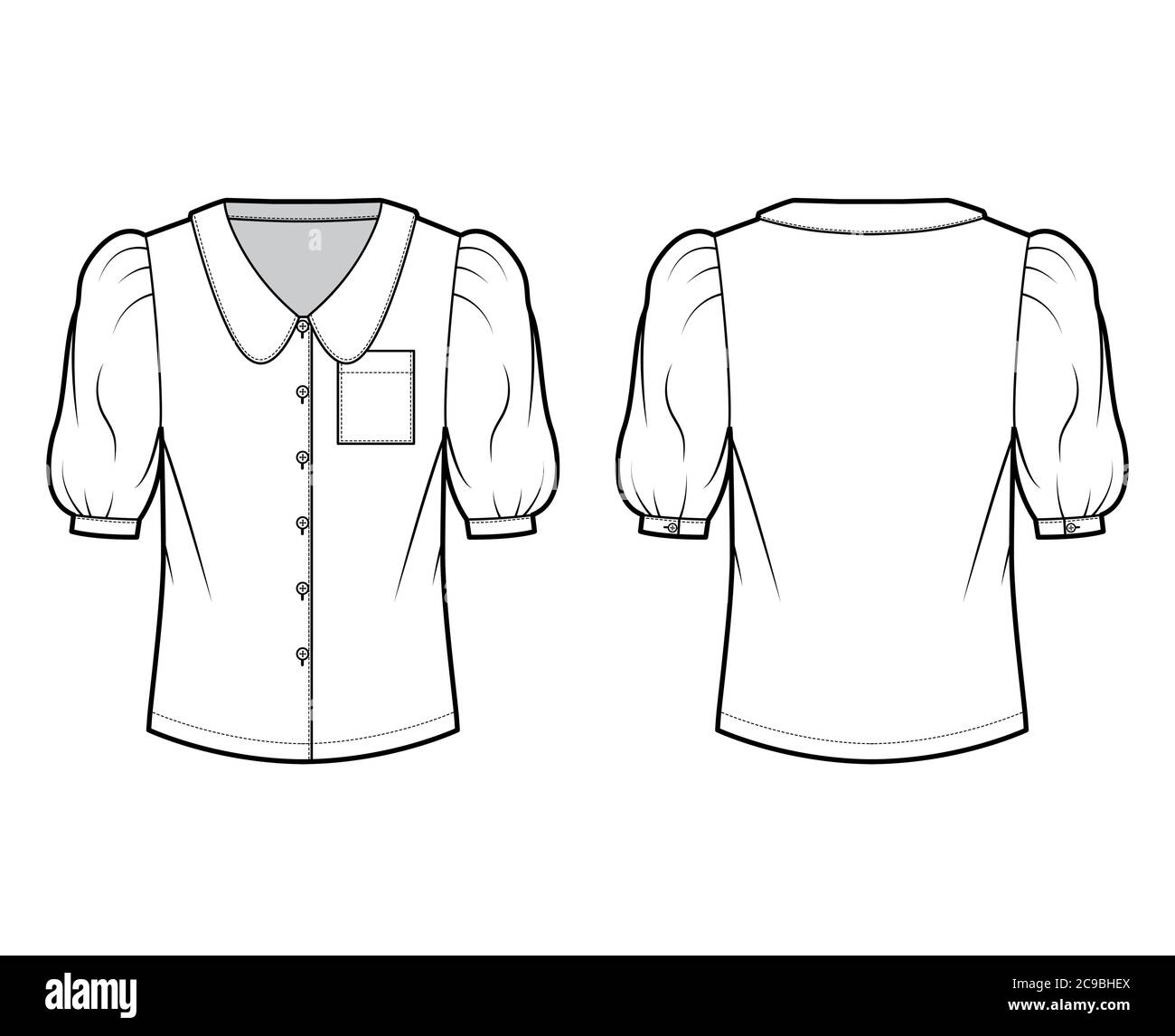 Scalloped collar shirt technical fashion illustration with elbow puff sleeve, front button-fastening, loose silhouette. Flat blouse apparel template front back, white color. Women, men unisex top CAD Stock Vector