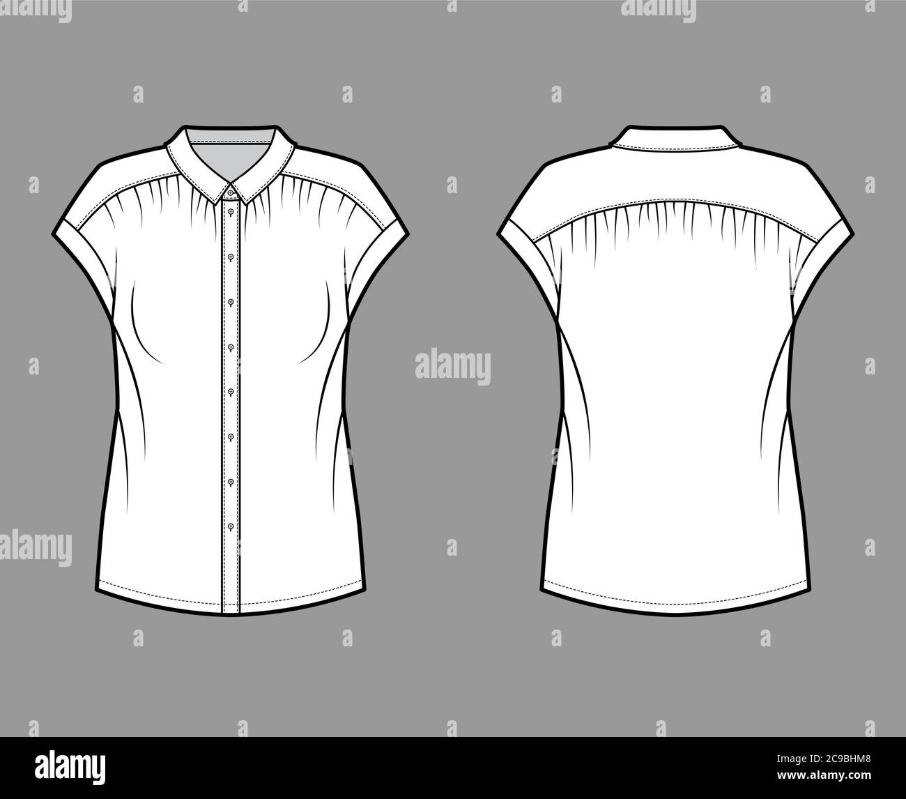 Gentle pleats shirt technical fashion illustration with loose silhouette, regular colar with stand, sleeveless. Flat blouse apparel template front, back white color. Women, men unisex top CAD mockup Stock Vector
