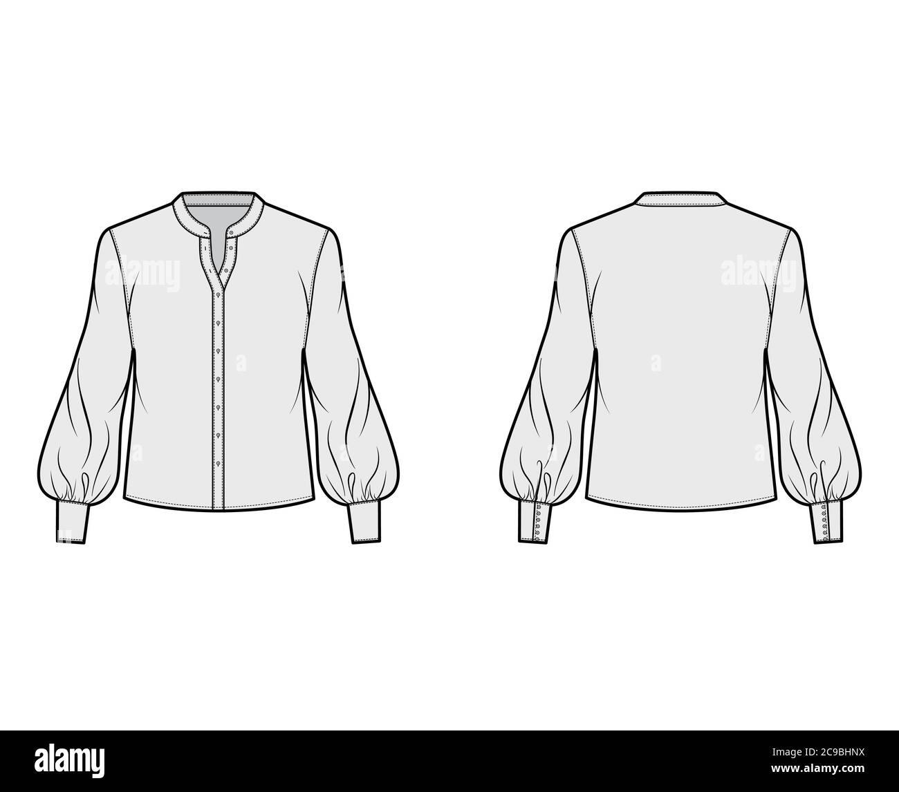 Stand collar shirt technical fashion illustration with long bishop ...