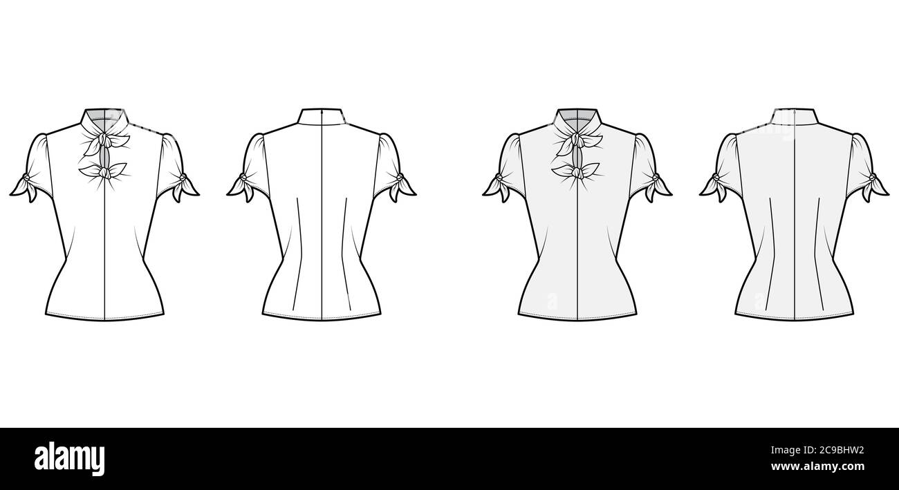Knotted cutout blouse technical fashion illustration with high neckline, puffed volume sleeves, back zip fastening. Flat apparel template front, back, white grey color. Women men unisex garment mockup Stock Vector