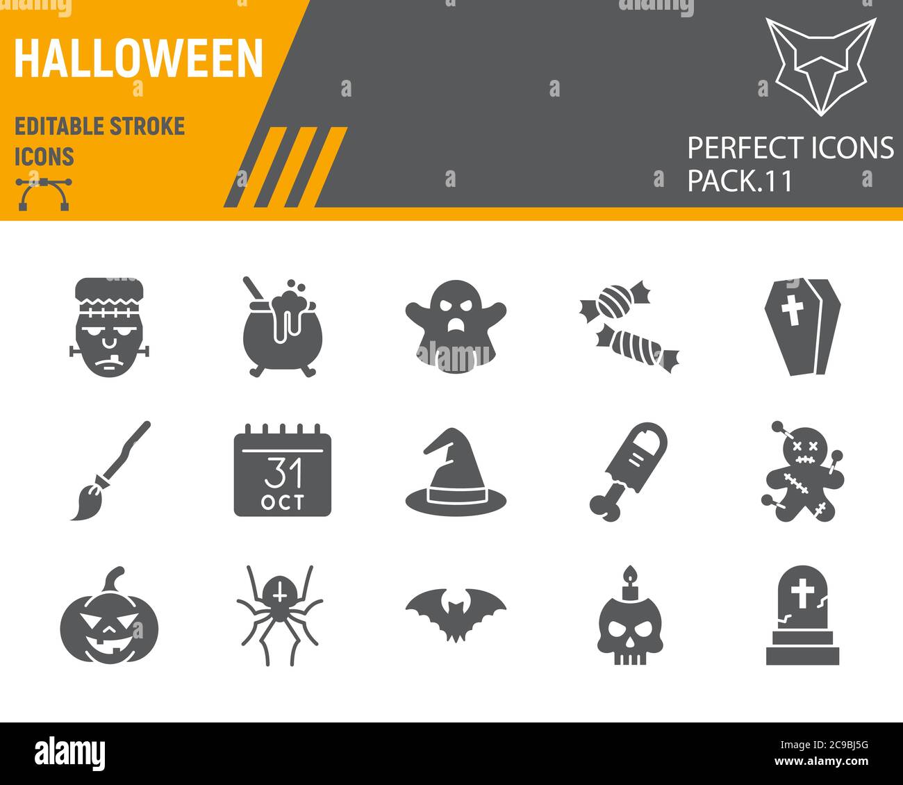 Halloween glyph icon set, holiday symbols collection, vector sketches