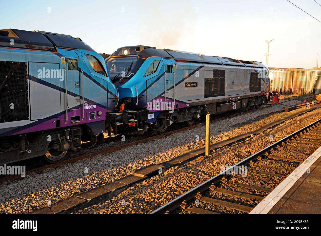 Stadler class 68 Diesel Electric locomotives in Trans Pennine Express livery at York Station, UK Stock Photo