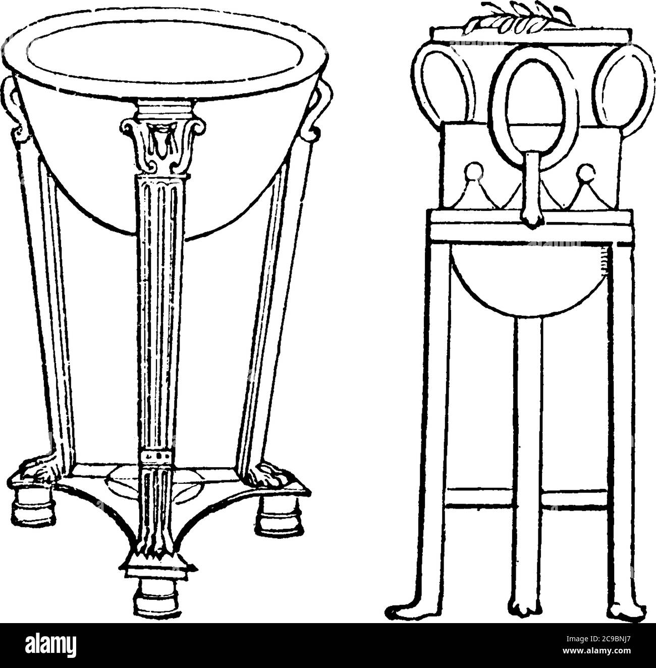 Tripos, a tripod, i.e. any utensil or article of furniture supported upon three feet. More especially, 1. A three-legged table. 2. A pot or caldron, u Stock Vector