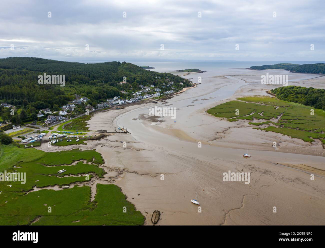 Aerial view of Kippford and the River Urr estuary at low tide, Kirkcudbrightshire, Dumfries and Galloway, Scotland. Stock Photo